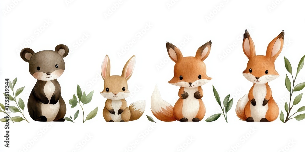 Naklejka premium A charming watercolor illustration featuring woodland animals like a baby bear fox squirrel and bunny perfect for a nature themed design. Delightful wildlife artwork ideal for nursery