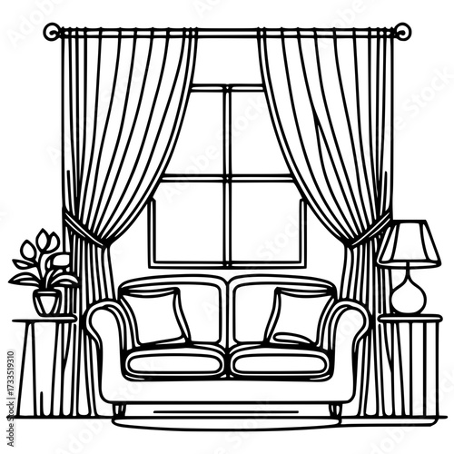 A drawing of window with curtains black vector icon with transparent background 