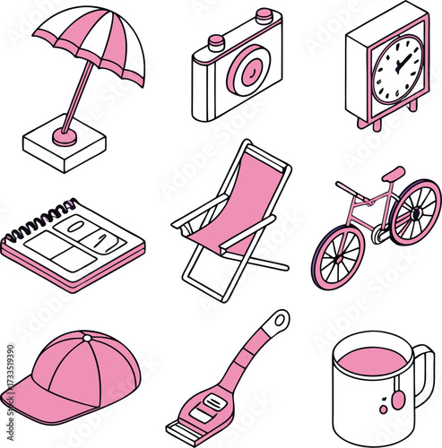 Plan a Dream Vacation Getaway with Cute Summer Icons and Travel Essentials, Representing Fun, Leisure, and Relaxation for an Adventurous Holiday