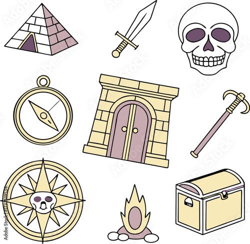Adventure awaits with this treasure hunt themed graphics set perfect for game design, scrapbook projects, and whimsical illustrations, originally a vector