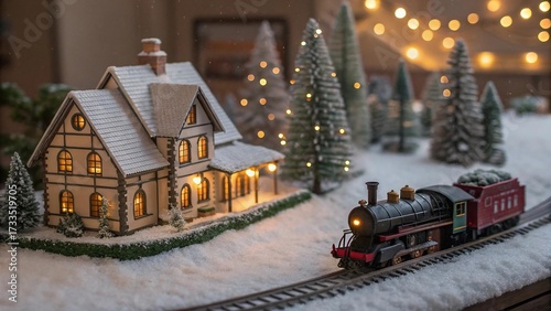 Cozy miniature village scene with a train and snowy house