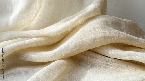 Elegant texture of a delicate light beige fabric with soft waves and folds