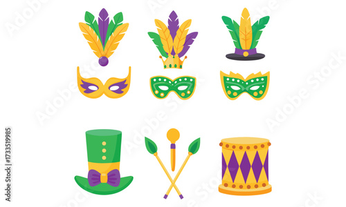 Mardi Gras Graphics – Carnival Masks, Hats, Feathers, Drums, Bows & Party Decorations in Purple, Green, and Gold