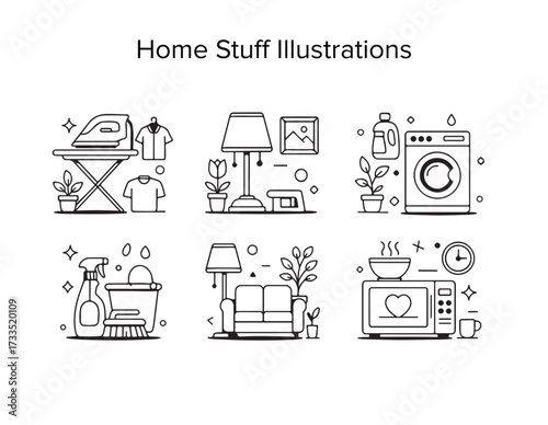 Home Stuff Illustrations: A collection of minimalist line drawings, showcasing everyday home essentials and household objects, conveying a sense of simplicity and modern living.