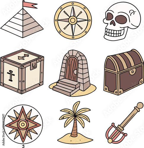 Embark on thrilling adventures with these iconic treasure hunt icons, perfect for game design and storytelling.
