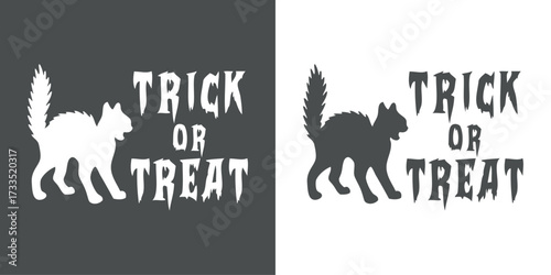 Logo con texto manuscrito trick or treat con silueta de gato negro para felicitaciones y tarjetas de Halloween