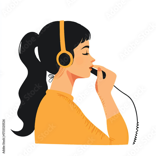 Woman with headphones listening to audio recording device.
