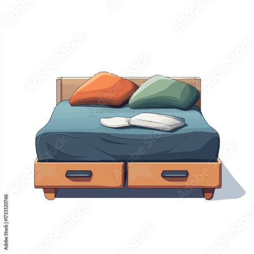  Wooden bed with teal bedding and orange green pillows