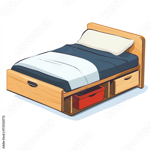 Wooden bed with built in drawers and storage.