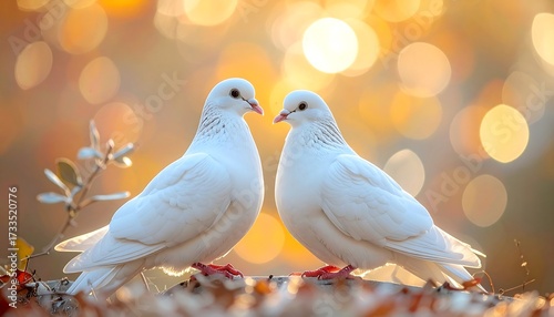 Two white doves in autumn light