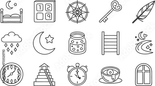 Dreamy collection of whimsical icons symbolizing sleep, time, journey, and inspiration for creative projects