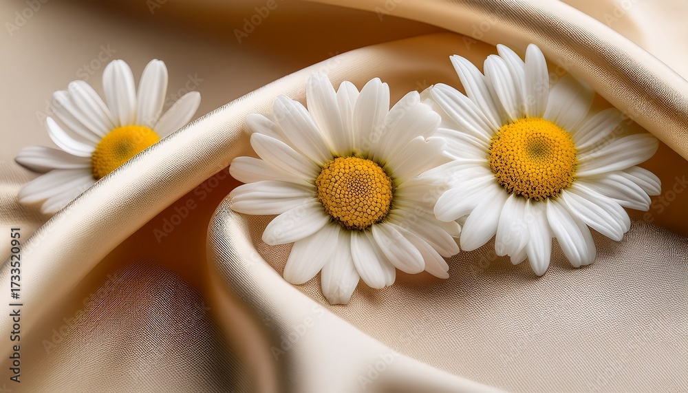 Obraz premium Soft Creamy Ivory Silk Fabric Elegantly Draped With Three White Daisies Featuring Yellow Centers And Delicate Small White Blossoms