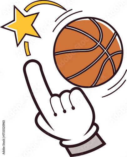 Vector art of cartoon hand with a star spinning a basketball on its finger
