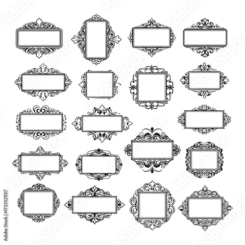 Large set vector black silhouette frame cartouches badges silhouette vector illustration on white background.