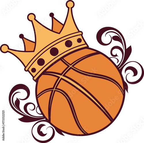 Vector art of basketball with a crown on top, symbolizing the king of the sport, with decorative swirls