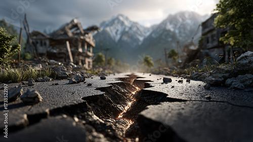 Earthquake damage assessment in crumbling infrastructure post-natural disaster landscape aerial viewpoint