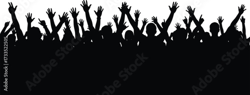 Crowd silhouette, raised hands, celebration, unity, black figures, concert audience, rally energy, cheering people, group excitement, event participation, vector art