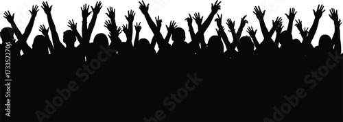Crowd silhouette, raised hands, cheering people, black figures, celebration, unity, concert audience, rally energy, excitement, group pose, event participation
