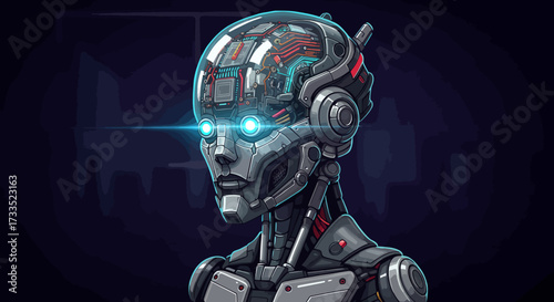Futuristic Robot Head with Glowing Eyes and Visible Circuitry.