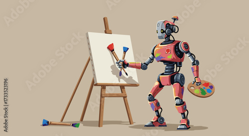 Artistic Robot Painting on Canvas with Brushes and Palette.