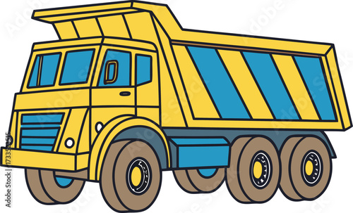 Vector art of cartoon illustration of a yellow dump truck with blue stripes on the side