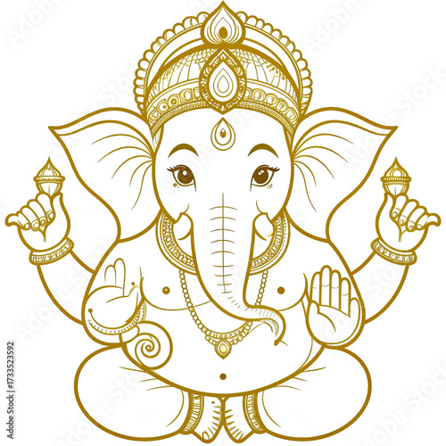 Golden Lord Ganesha idol illustration for Ganesh Chaturthi festival Hindu deity elephant god religious artwork isolated on white background