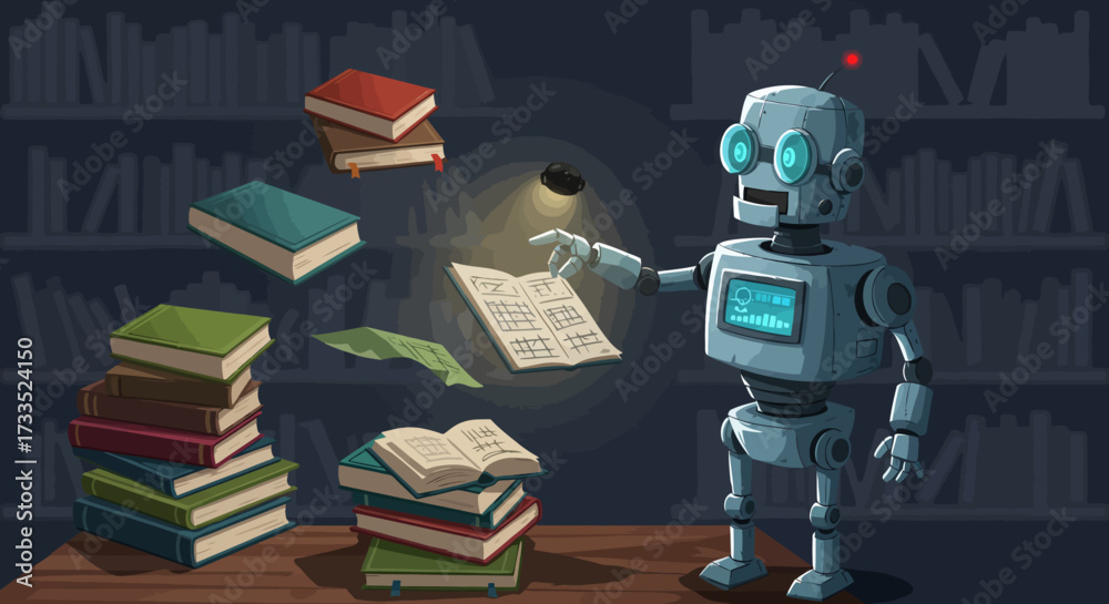 Naklejka premium Cartoon Robot Studying Books in a Library Setting.
