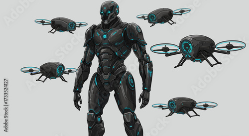 Futuristic Robot Guard with Surveillance Drones in Formation.