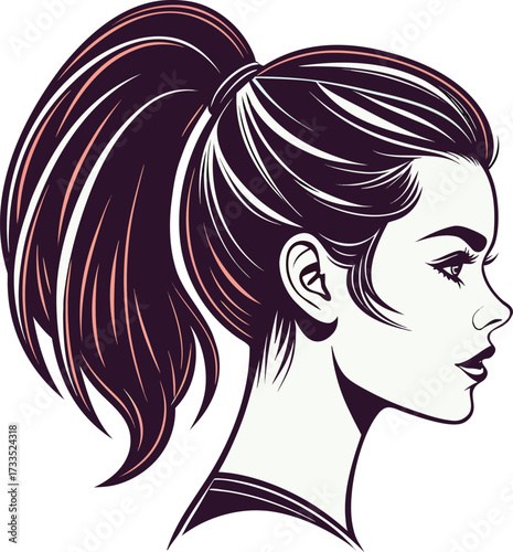 Vector art of profile portrait of a woman with a high ponytail, elegant and stylish illustration