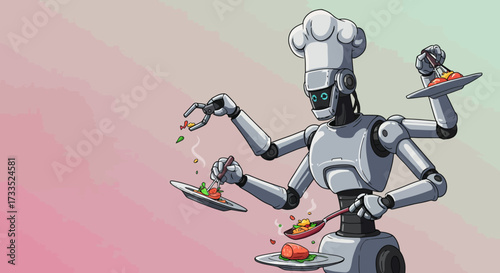 Robotic Chef with Multiple Arms Preparing Gourmet Dishes.