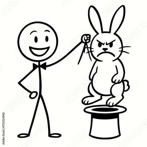 Funny magician stick figure pulling an angry rabbit out of a hat for a humorous animation or quirky design project on magic and entertainment
