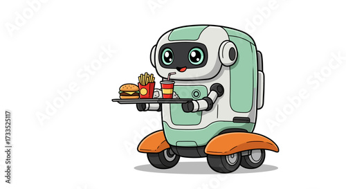 Cartoon Robot Delivering Fast Food on a Tray.
