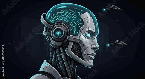 Futuristic Robot Head with Circuitry and Spaceships in the Background.