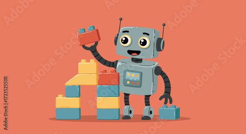 Cartoon Robot Building with Colorful Toy Blocks.