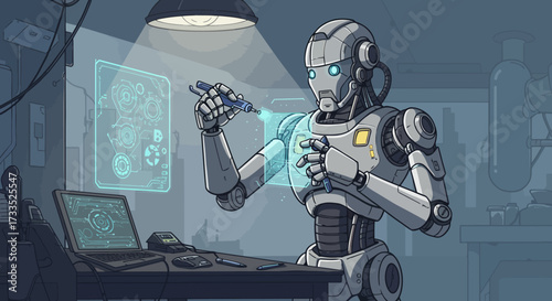 Robot Engineer Working on Futuristic Technology Interface.