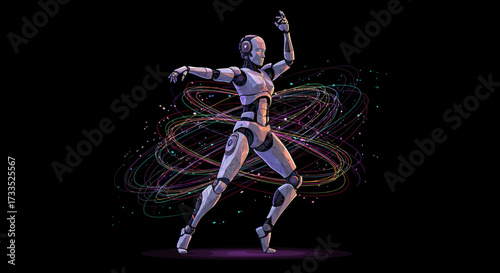 Dancing Robot with Colorful Light Trails on Black Background.