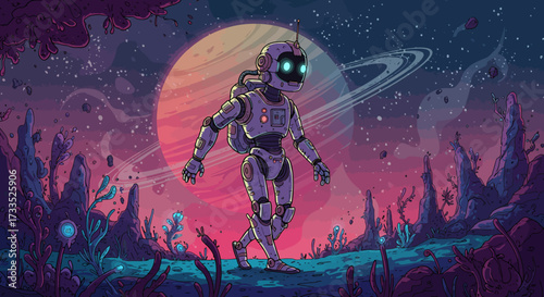 Cartoon Robot Exploring Alien Planet with Ringed Planet Backdrop.