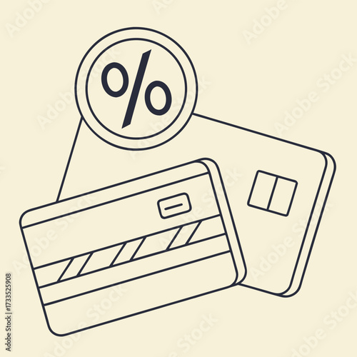 Vector art of credit card with a percentage symbol, representing financial concepts like discounts, interest rates, or cashback rewards
