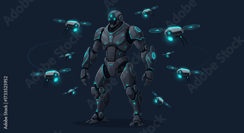 Futuristic Robot with Glowing Accents Surrounded by Drones.