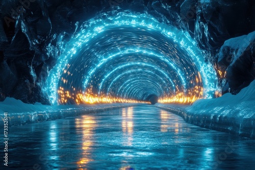 Lights glowing inside a tunnel.