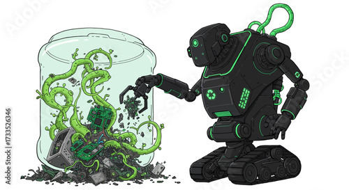 Recycling Robot with Glowing Green Accents and Tracks.