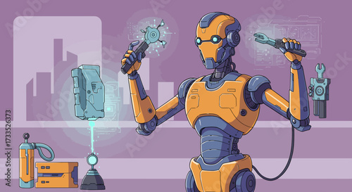 Cartoon Robot Holding Tools in a Futuristic Workshop.