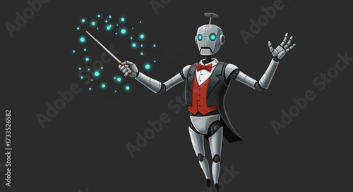 Elegant Robot Magician with Wand and Bowtie Performing Magic.