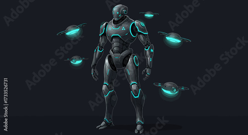 Futuristic Robot with Glowing Accents and Drone Companions.