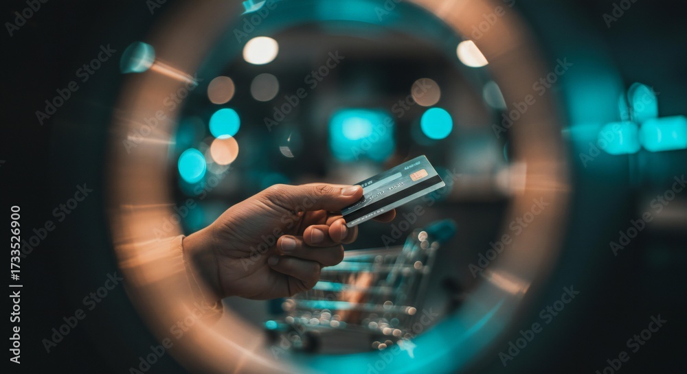 Fototapeta premium Seamless Shopping: Single Hand Balances Card and Phone with Luminous Cart