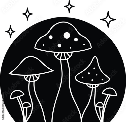 mystical enchanted forest with glowing mushrooms illustration on transparent background