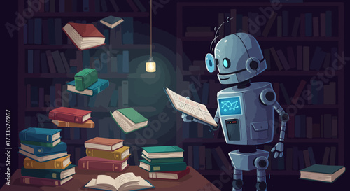 Cartoon Robot Reading a Book in a Library with Floating Books.