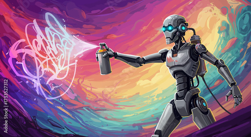 Futuristic Robot Artist Spraying Graffiti on Colorful Background.