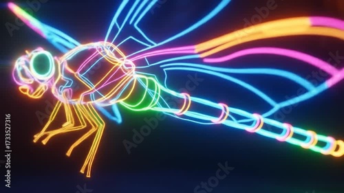 Neon Dragonfly Flying in Dark, Vibrant Light Art.