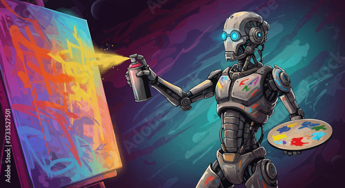 Artistic Robot Spraying Colorful Paint on Canvas with Palette.